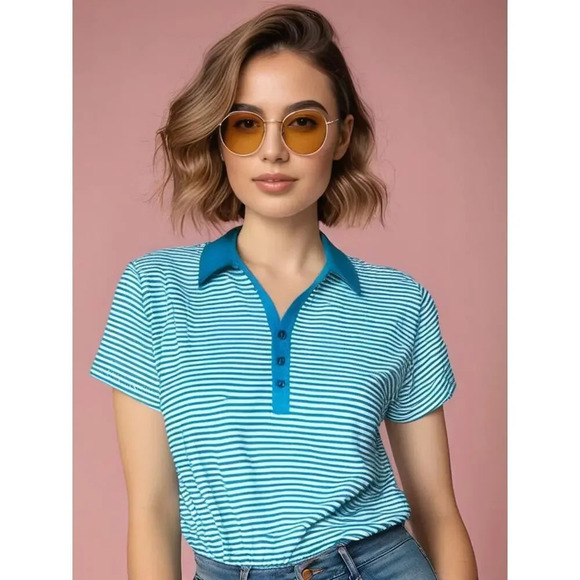 Kim Rogers‎ Women's Large Blue Striped Polo Shirt w/ Drawstring Hem - Picture 1 of 6